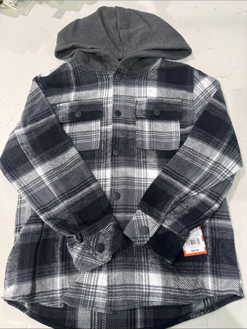 Cat & Jack Black and Gray Plaid Hooded Button-Up Shirt Jacket